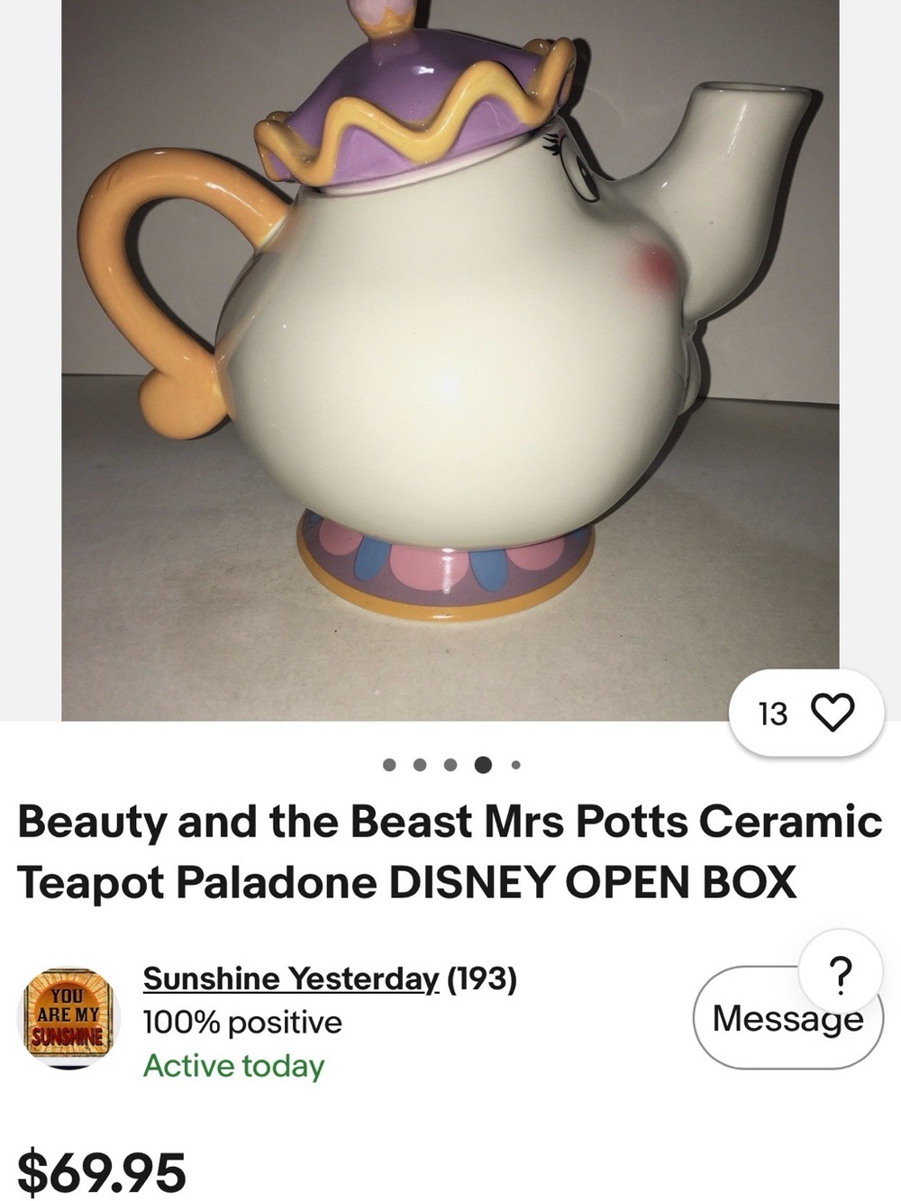Beauty and the Beast Mrs Potts Ceramic Teapot - Picture 3 of 11